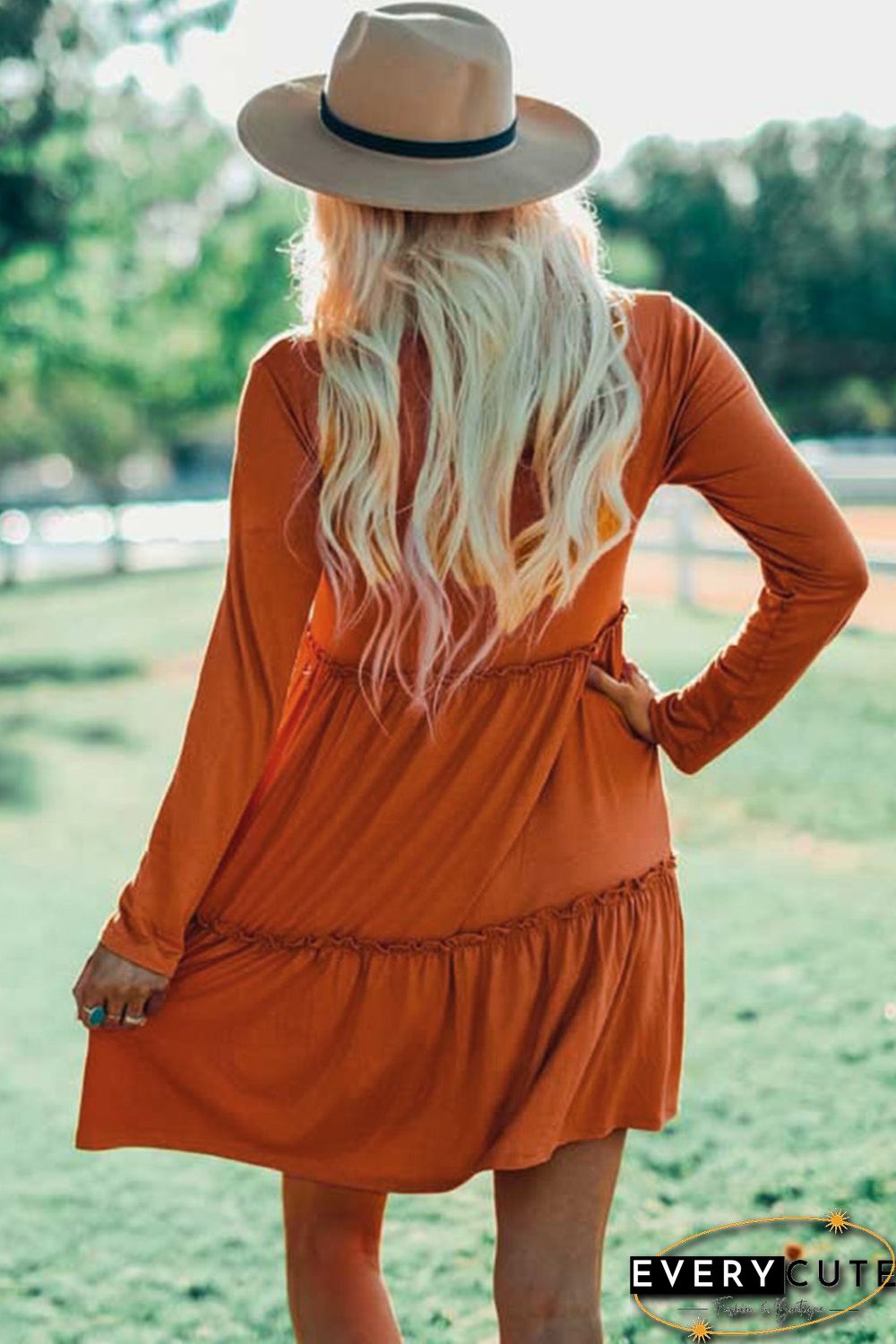 Orange Long Sleeve Ruffled Solid Swing Mini Dress