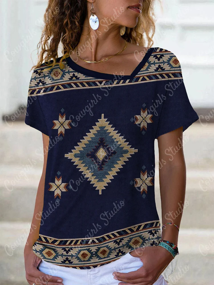 Western Ladies Diagonal Neck Print Top