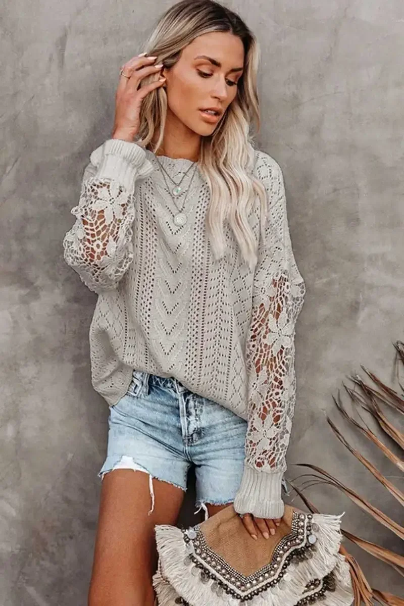 Nncharge INSPIRED Womens Long Sleeve Sweater women Crochet Hollow Out Lightweight Knit Pullover Jumper women Tops 2024