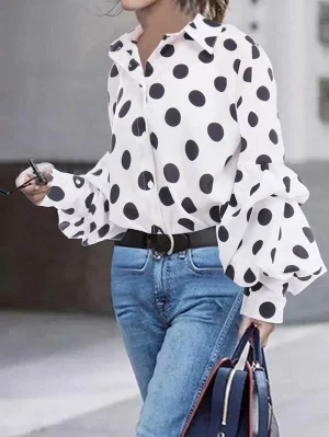 Image of Split-Joint Polka-Dot Buttoned Puff Sleeves Loose Lapel Blouses&shirts Tops