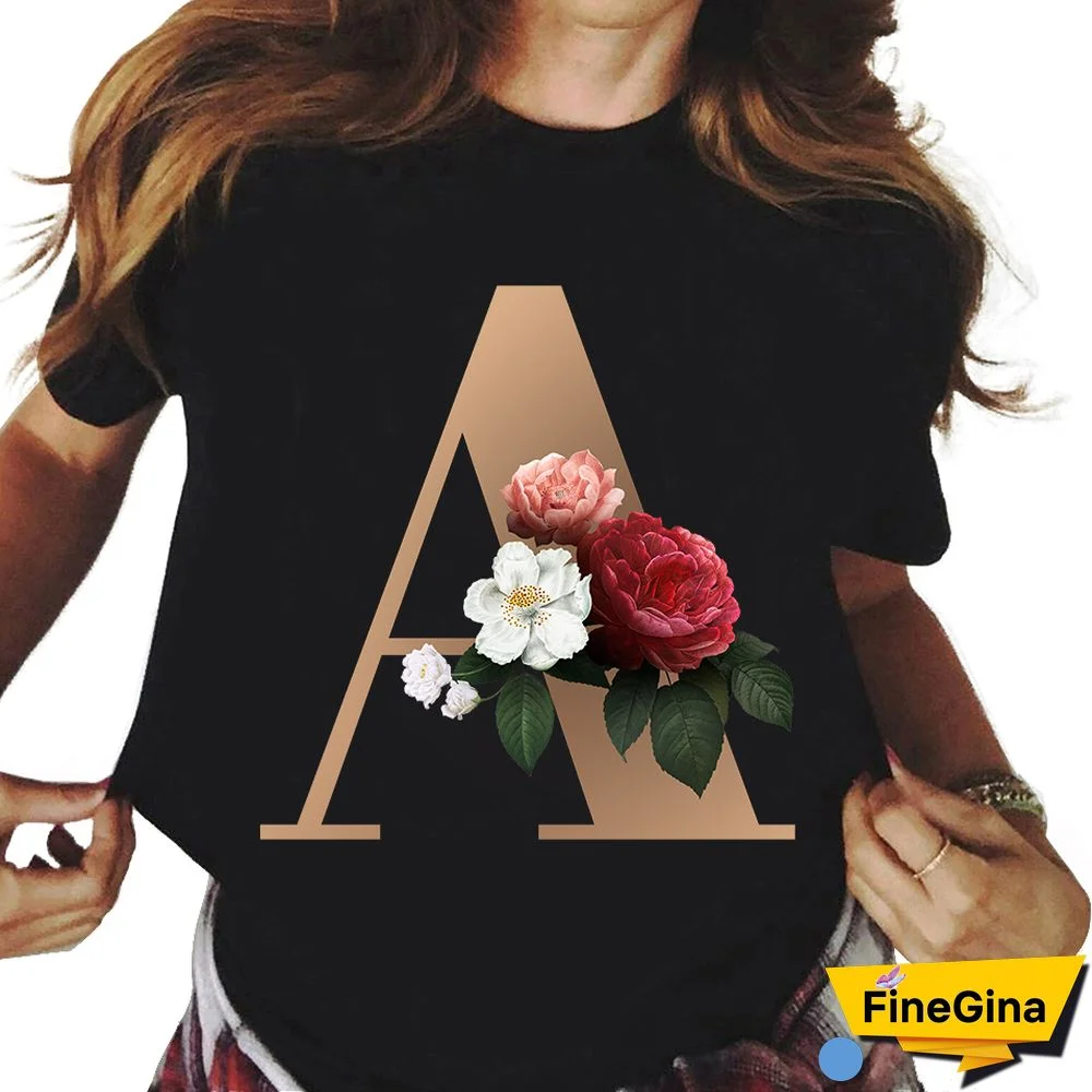 Custom Name Letter Combination T-shirt 26 FloralAlphabetFontClassicTShirt Fashion Harajuku Kawaii TShirt Women Top Tees