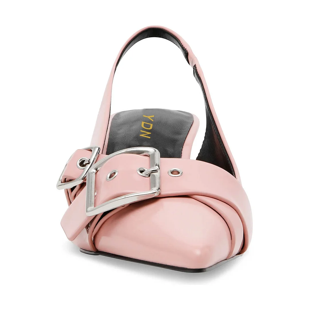 Buckle Strap Pointed Toe Kitten Heel Pink Pumps with Slingback