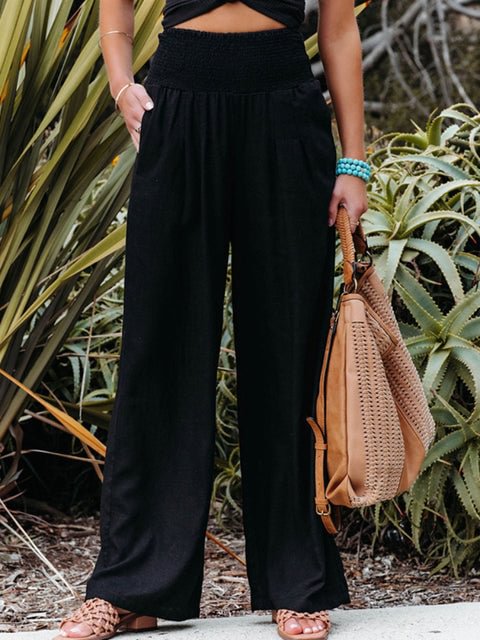Casual Elastic Waist Cotton And Linen Wide Leg Trousers