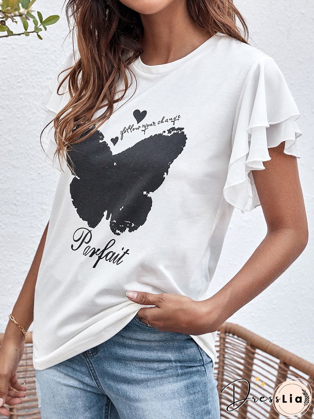 Women'S T-Shirts Butterfly Print Crew Neck Ruffle T-Shirt