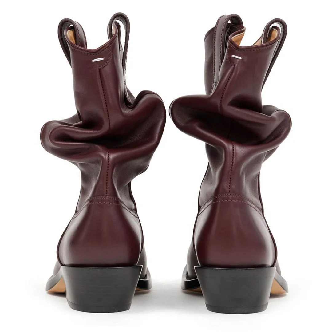 Dark Brown Almond Toe Side Loops Block Heel Silhouette Booties