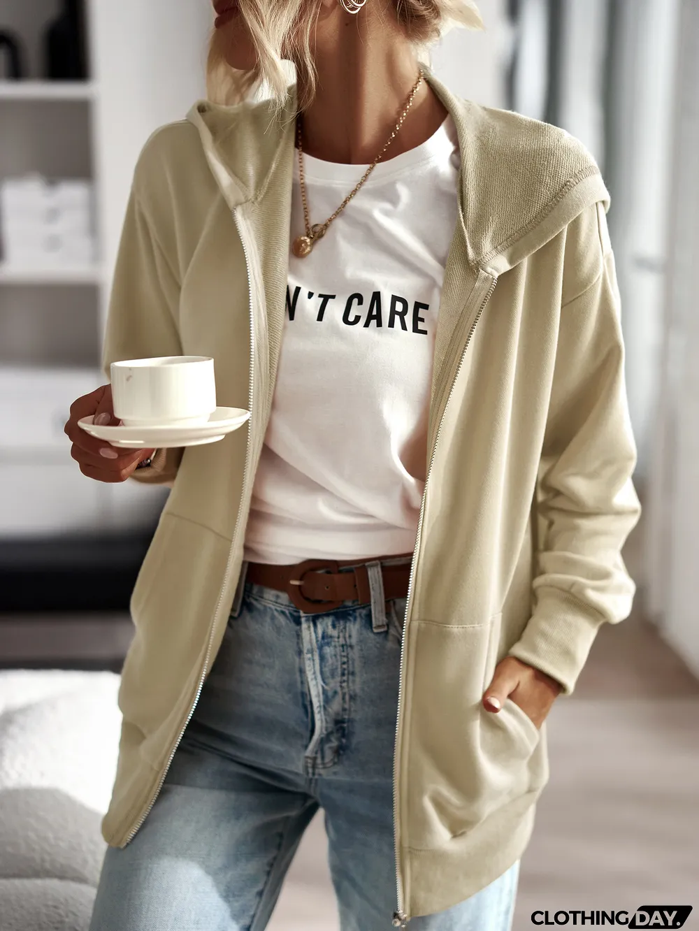 Fall Women Solid Color Zip Long Sleeve Casual Hoodies Coat