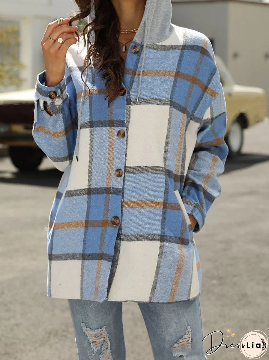 Hoodies Single-Breasted Check Print Pocket Hoody for Women
