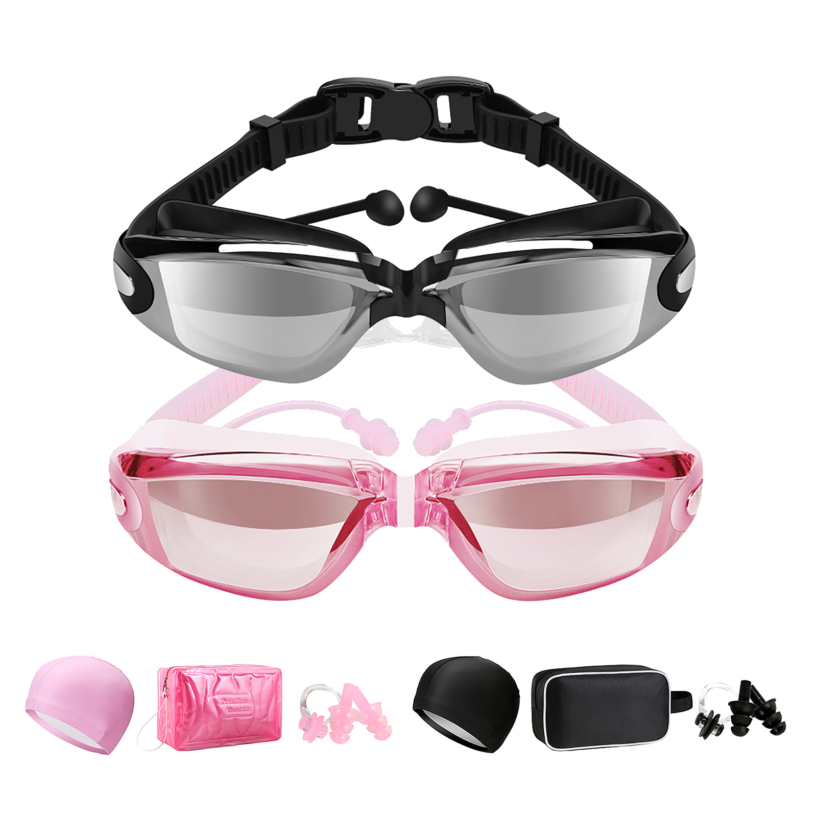 

5-in-1 Swimming Gear Set Myopia Goggles with Cap Earplugs Nose Clip & Bag, Pink myopia glasses set, 501 Original