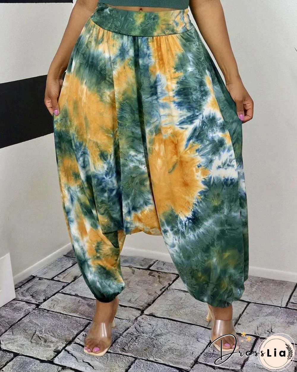 Tie Dye Print Shirred Harem Pants