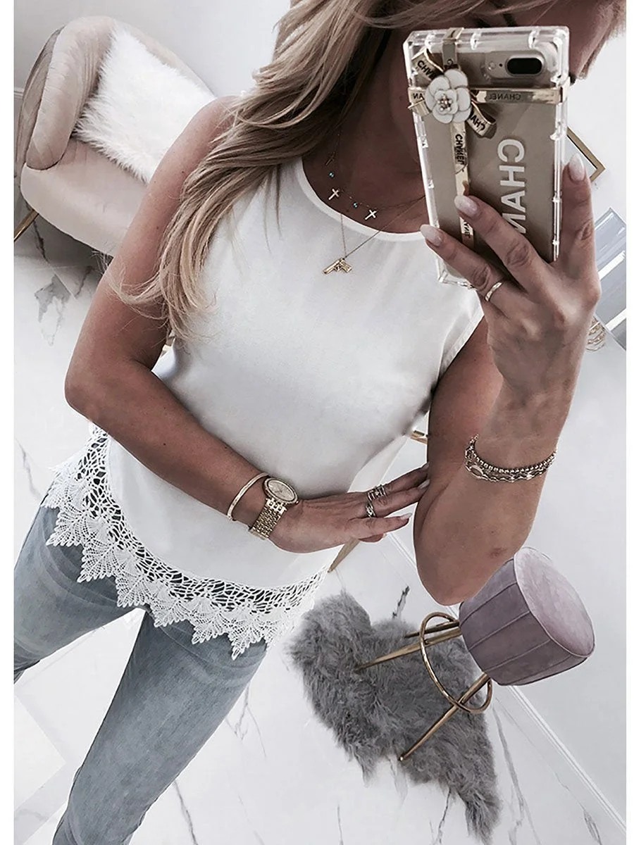 Round Neck Lace Hem Splicing Sleeveless Bandage Back T-shirt Tank Top