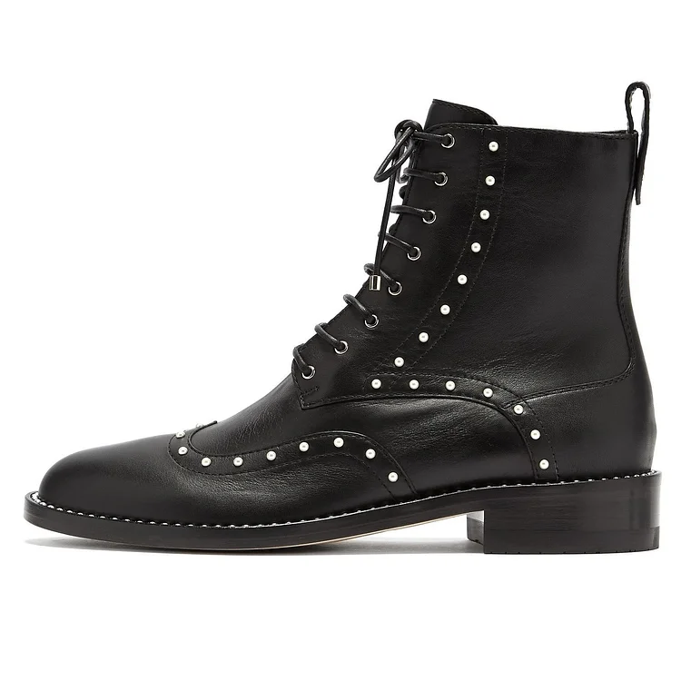 Black Wingtip Pearls Studded Low Heel Lace Up Ankle Boots for Women |FSJ Shoes