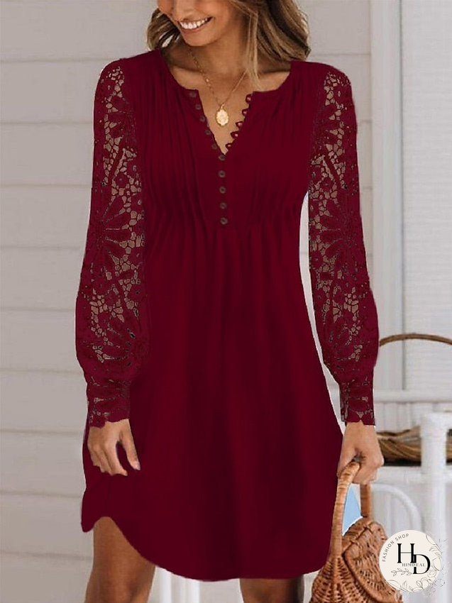 Casual Dress Lace Dress Summer Dress Mini Dress Lace Patchwork Daily Holiday Date Fashion Modern Crew Neck Long Sleeve Regular Fit Black White Wine Color S M L XL XXL Size for Women