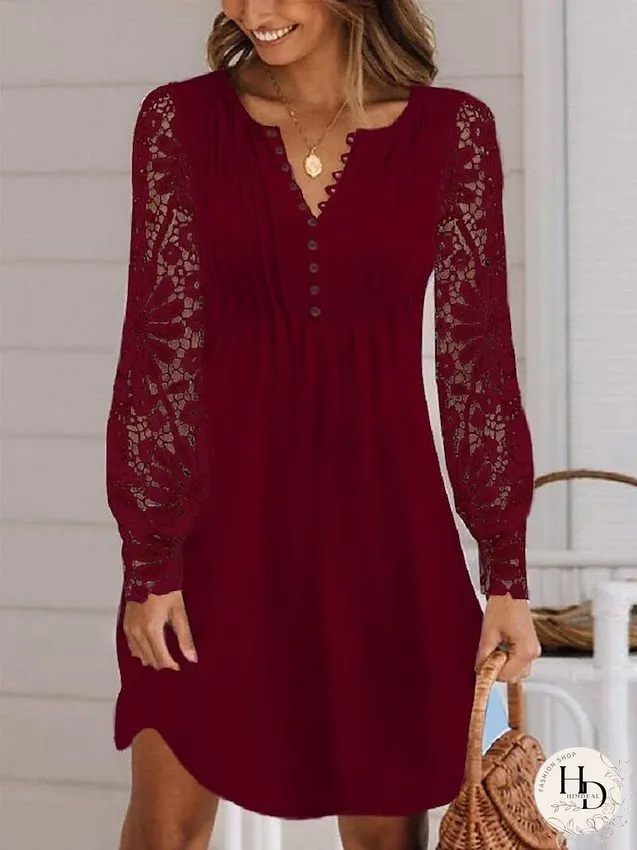 Casual Dress Lace Dress Summer Dress Mini Dress Lace Patchwork Daily Holiday Date Fashion Modern Crew Neck Long Sleeve Regular Fit Black White Wine Color S M L XL XXL Size for Women