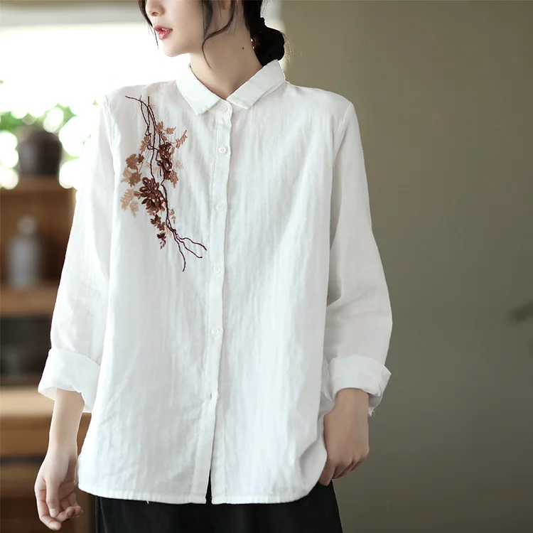 Vintage Embroidered Lapel Long Sleeve Shirt - yankia