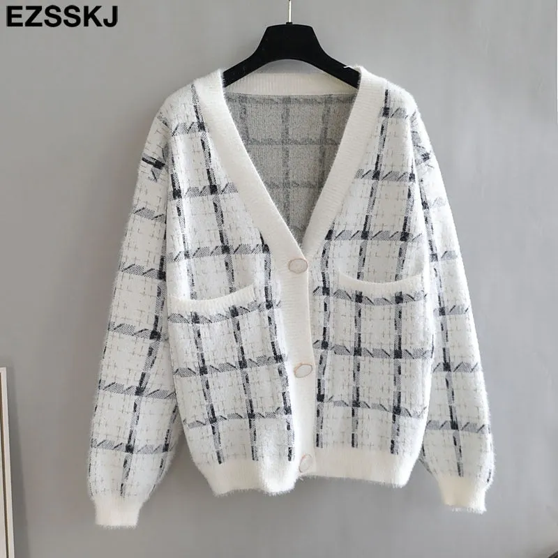 Mink sweater cardigans jacket  women Single-breasted v-neck sweater coat v-neck cardigan jacket coat outwear top