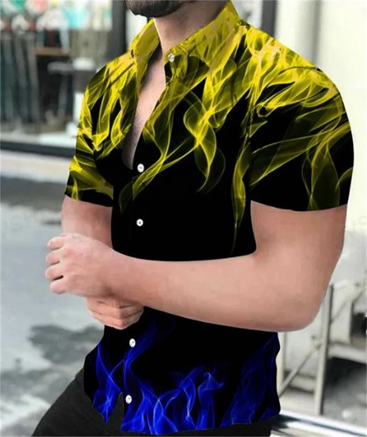 Kakacloud Summer men's lapel single-breasted cardigan geometric pattern printed short-sleeved T-shirt shirt fashion casual vacation top