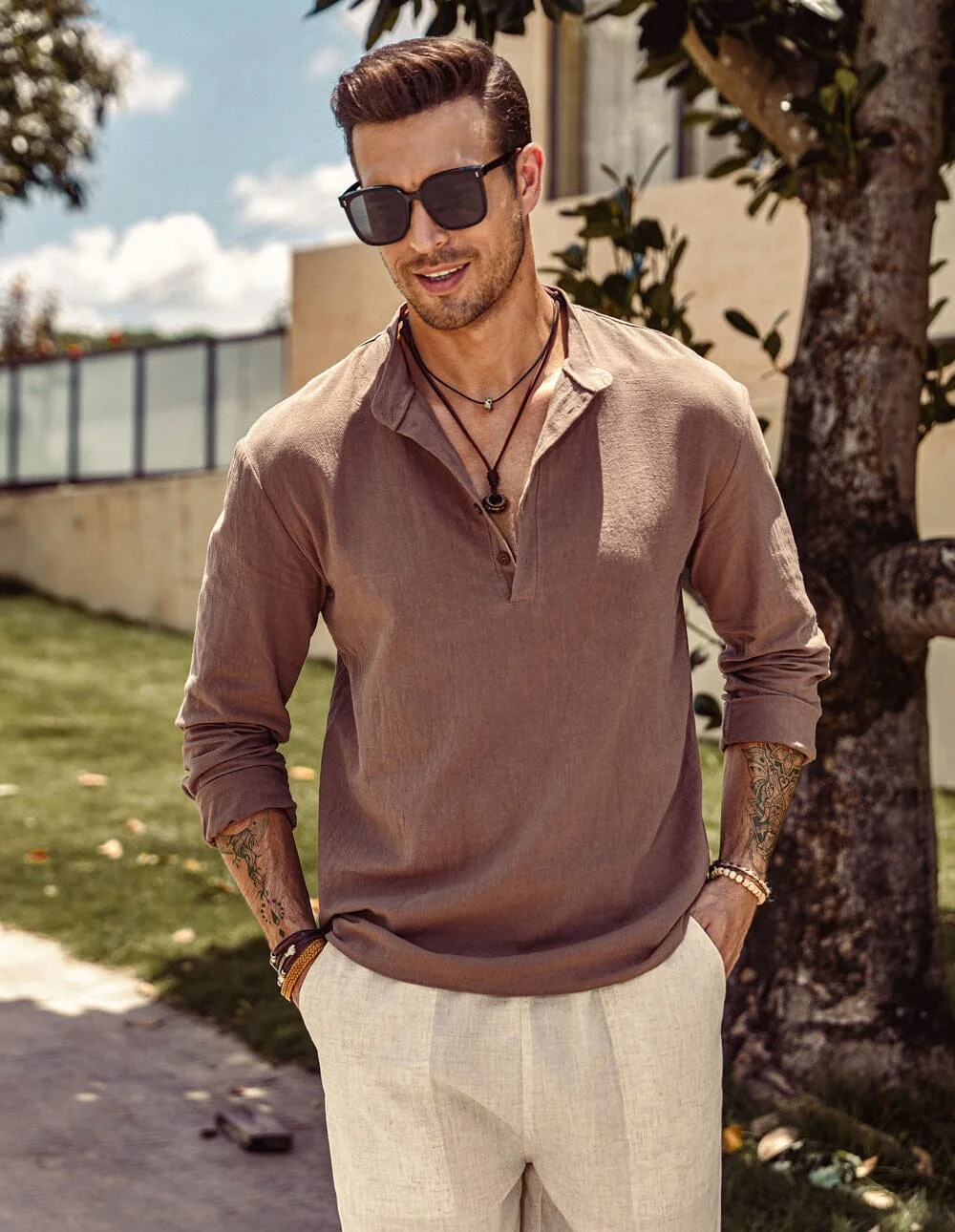 Linen Style Collar Long-sleeved Shirt