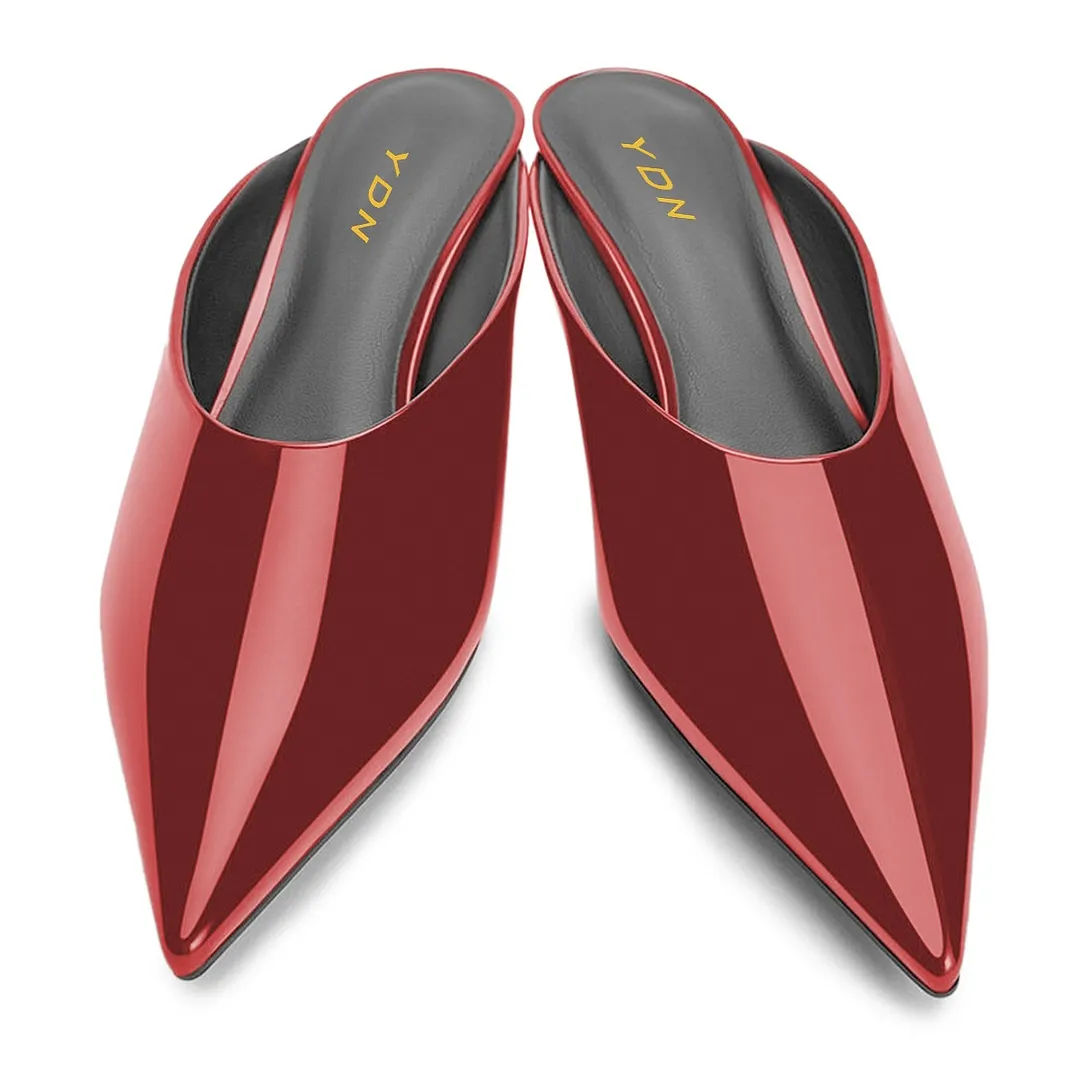Red Patent Leather Pointed Toe Slip On Wedge Heeled Mules