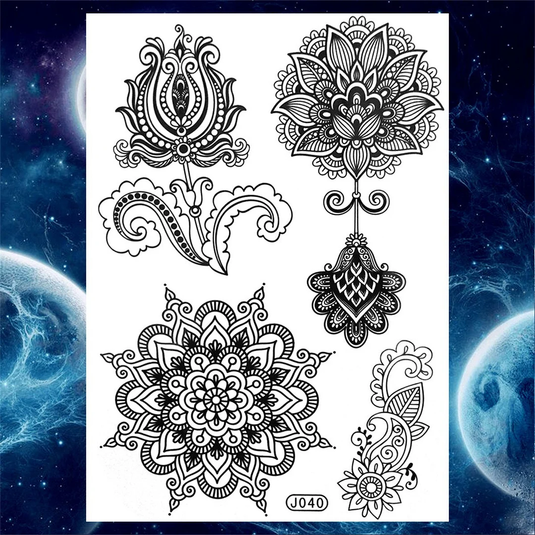 Body Art Henna Temporary Tattoos For Women Adult Fake Mandala Flower Tattoo Sticker Feather Butterfly Black Tatoos Leg Feet Foot