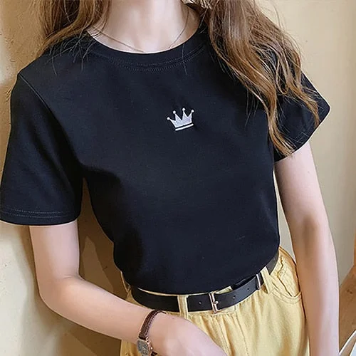 Summer Simple embroidery short Sleeve T-shirts Women Clothes korean casual slim Basic tshirt for girl Round Neck purple Top tees