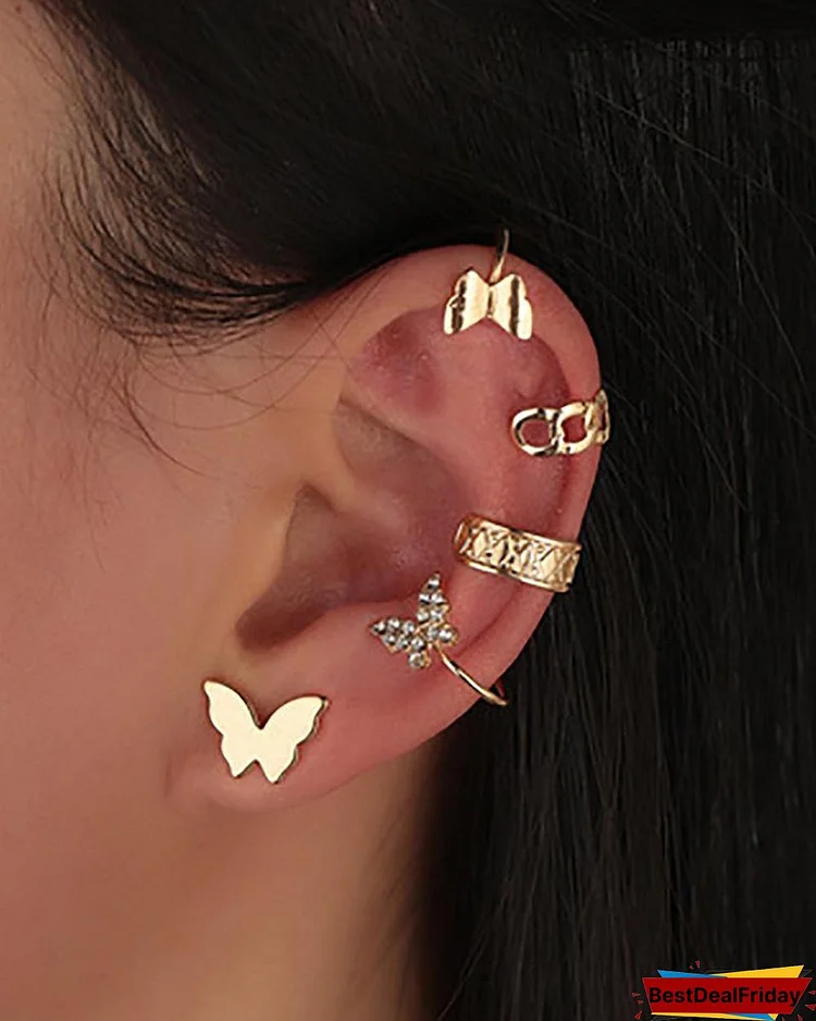 5PCS Butterfly Decor Studded Earrings & Ear Cuff Set P7748643880