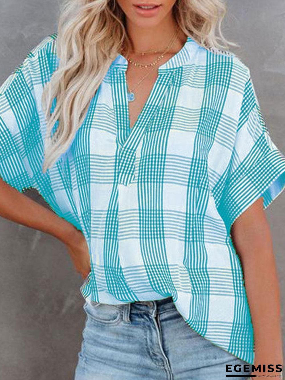 Check Print Casual Loose Short Sleeve Blouse | EGEMISS