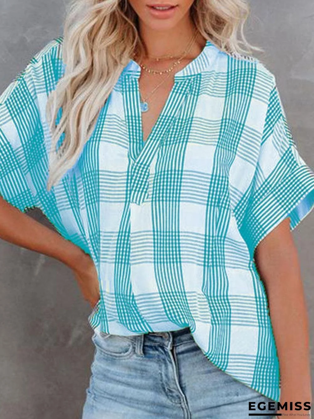 Check Print Casual Loose Short Sleeve Blouse | EGEMISS