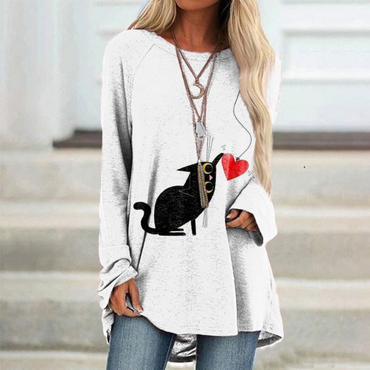 Vefave Casual Love Cat Print Tunic