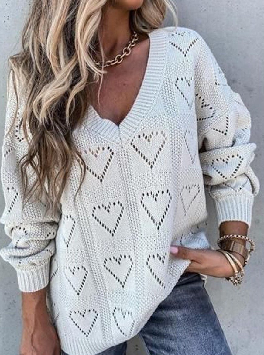 Fashion V-Neck Hollow Casual Long-Sleeved Sweater | EGEMISS