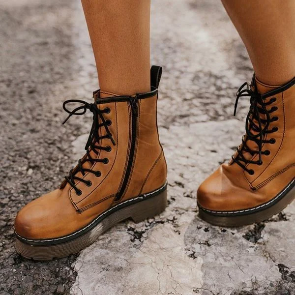 Daily Outdoor Lace-up Low Heel Boots