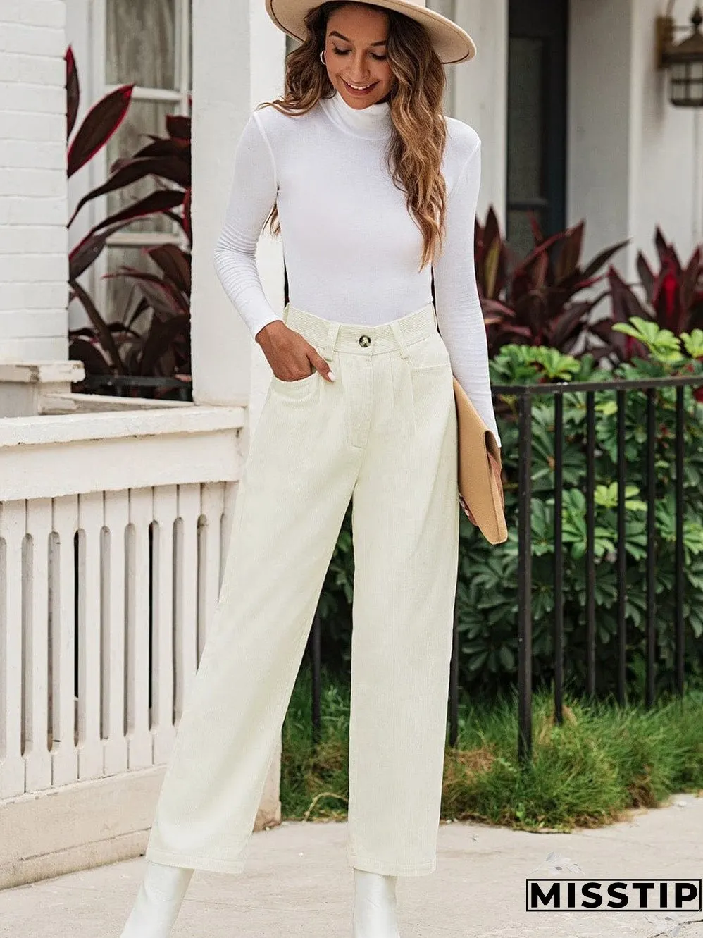 Beige Corduroy High Waist Trousers for Winter Casual Wear