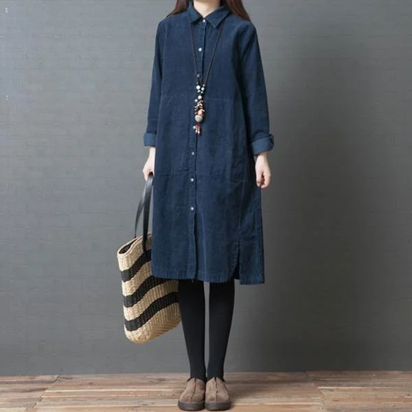 Women Casual Shirt Dresses New 2020 Knee-length Cotton Dress