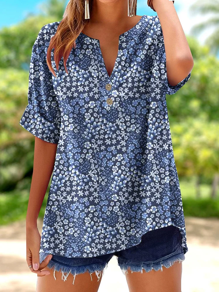 Women's Elegant Irregular Flower Blooms Pattern Cotton Short Sleeve Top