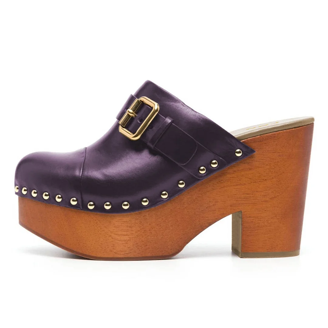 Purple Studs Buckle Strap Round Toe Block Heel Platform Mules Shoes