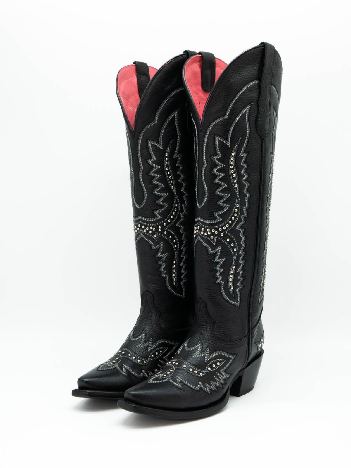 Taafo Black Studded Embroidery Snip-Toe Half-Zip Western Knee High Tall Boots