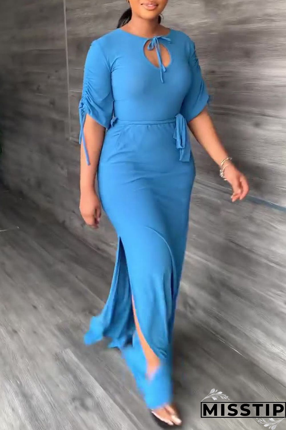 Black Casual Solid Bandage Patchwork O Neck Straight Dresses