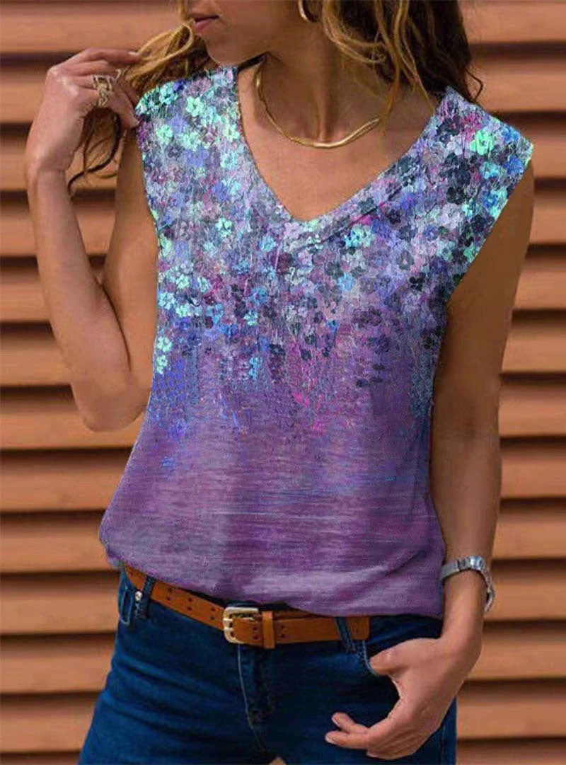 Uveng Loose Sleeveless V-neck Printed Vest T-shirt