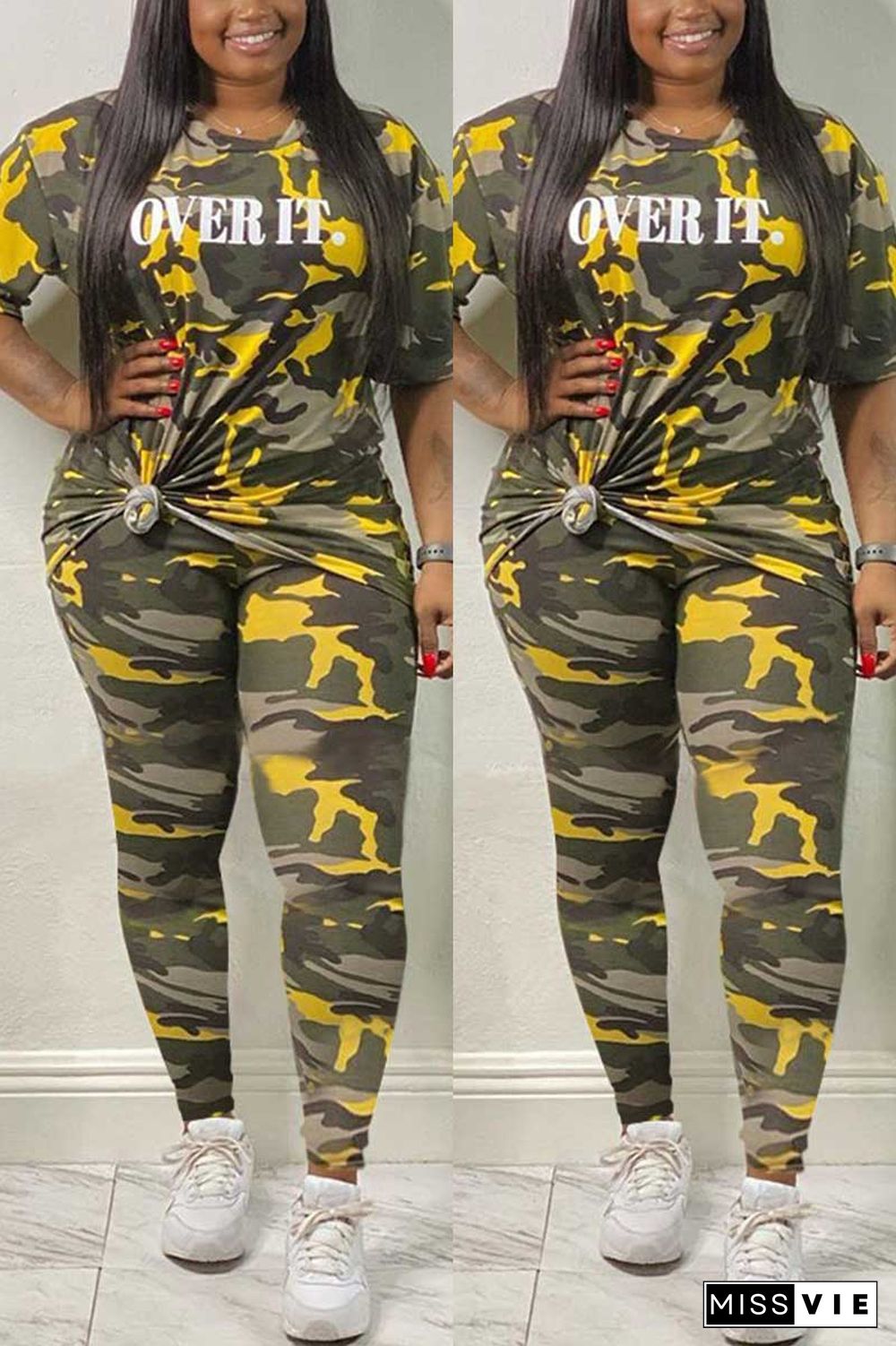 Casual Camouflage Print Plus Size Set