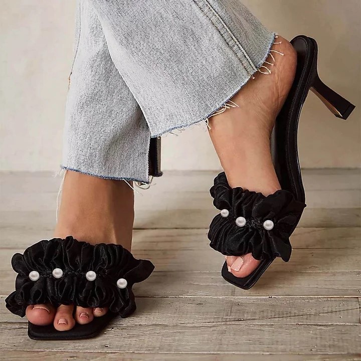 Black Square Toe Ruched Band Flared Heel Mules Sandals with Pearl Nicepairs
