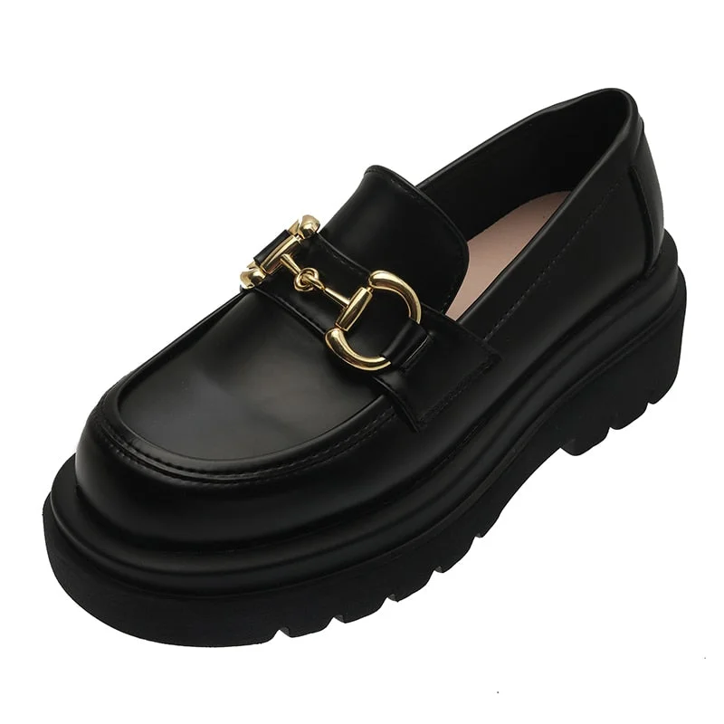 Flats Leather Casual Shoes Metal Buckle Platform for Women 2021 Oxfords Women's Loafers Genuine Moccasins Slip-on Autumn