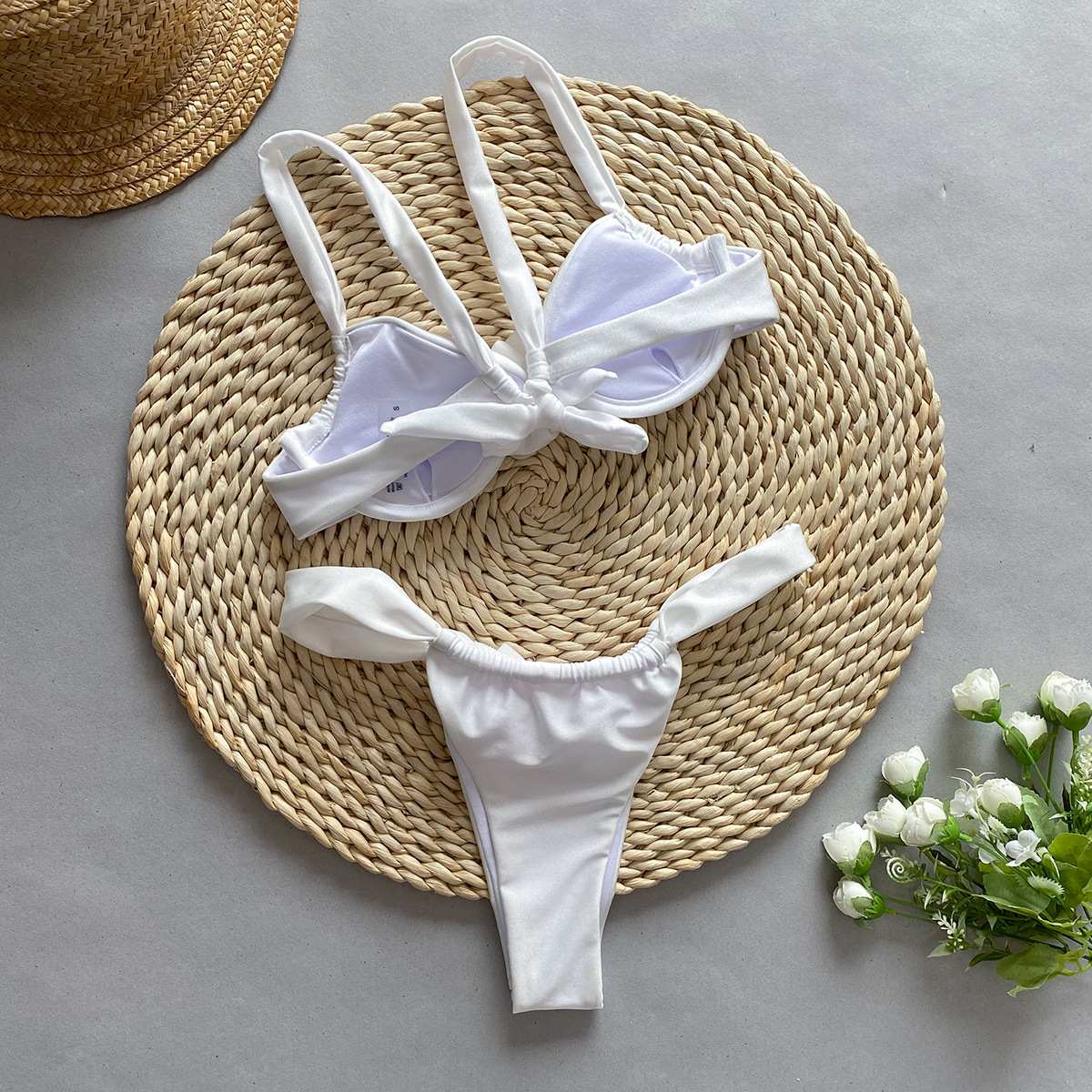 Ootddress New White Bikini Sets Summer Sexy For Women Three-dimensional Flowers Cross-border Split Ladies swimsuit Solid Fashion New