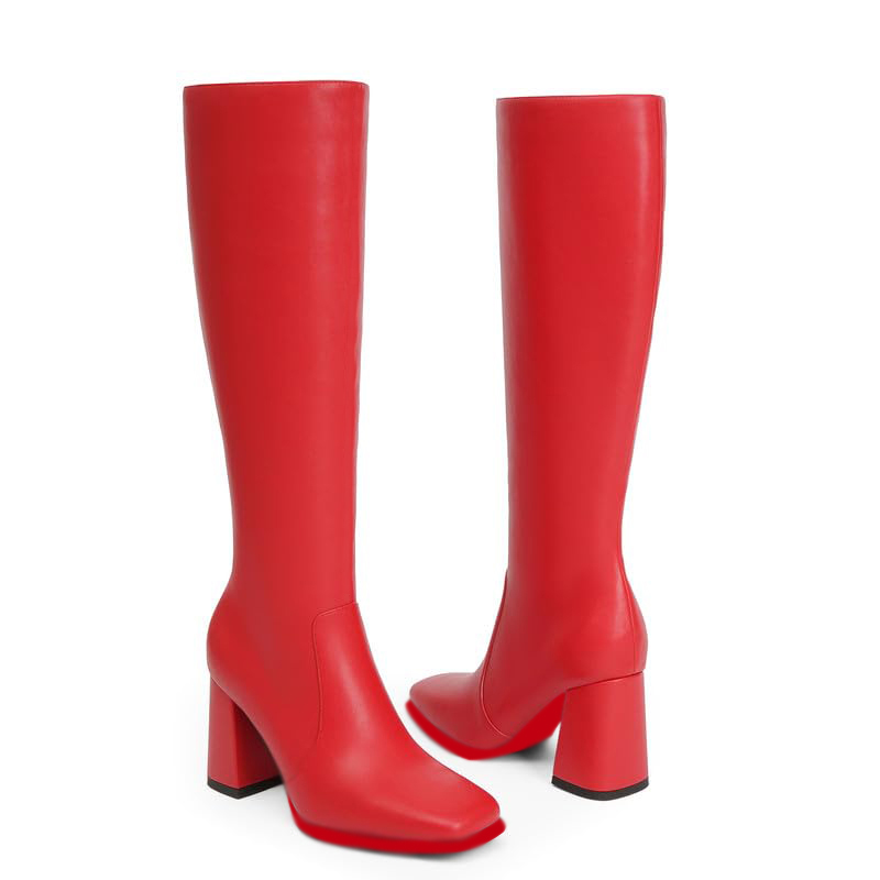 95mm Women's Knee Boots Red Bottom Block Chunky Heels Zipper Fashion Sexy Daily Matte Boot-MERUMOTE
