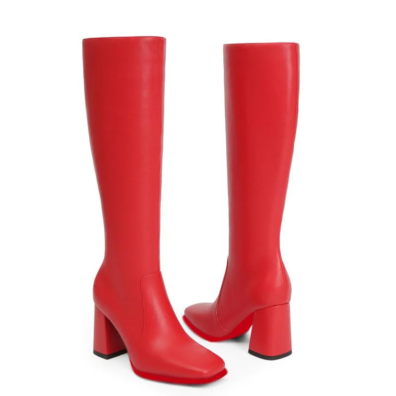 95mm Women's Knee Boots Red Bottom Block Chunky Heels Zipper Fashion Sexy Daily Matte Boot-MERUMOTE