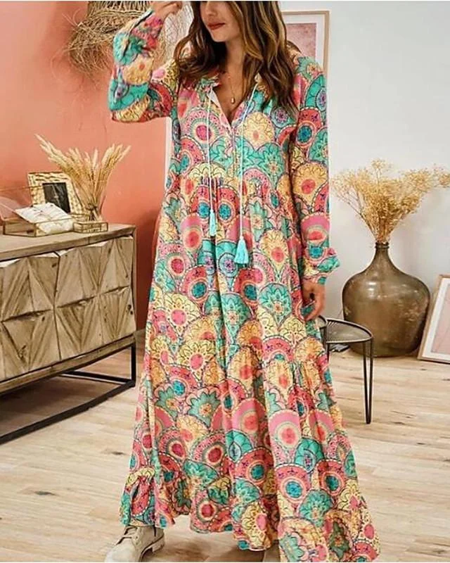 Women's Swing Dress Maxi Long Dress Long Sleeve Print Patchwork Print Summer Hot Casual Rainbow