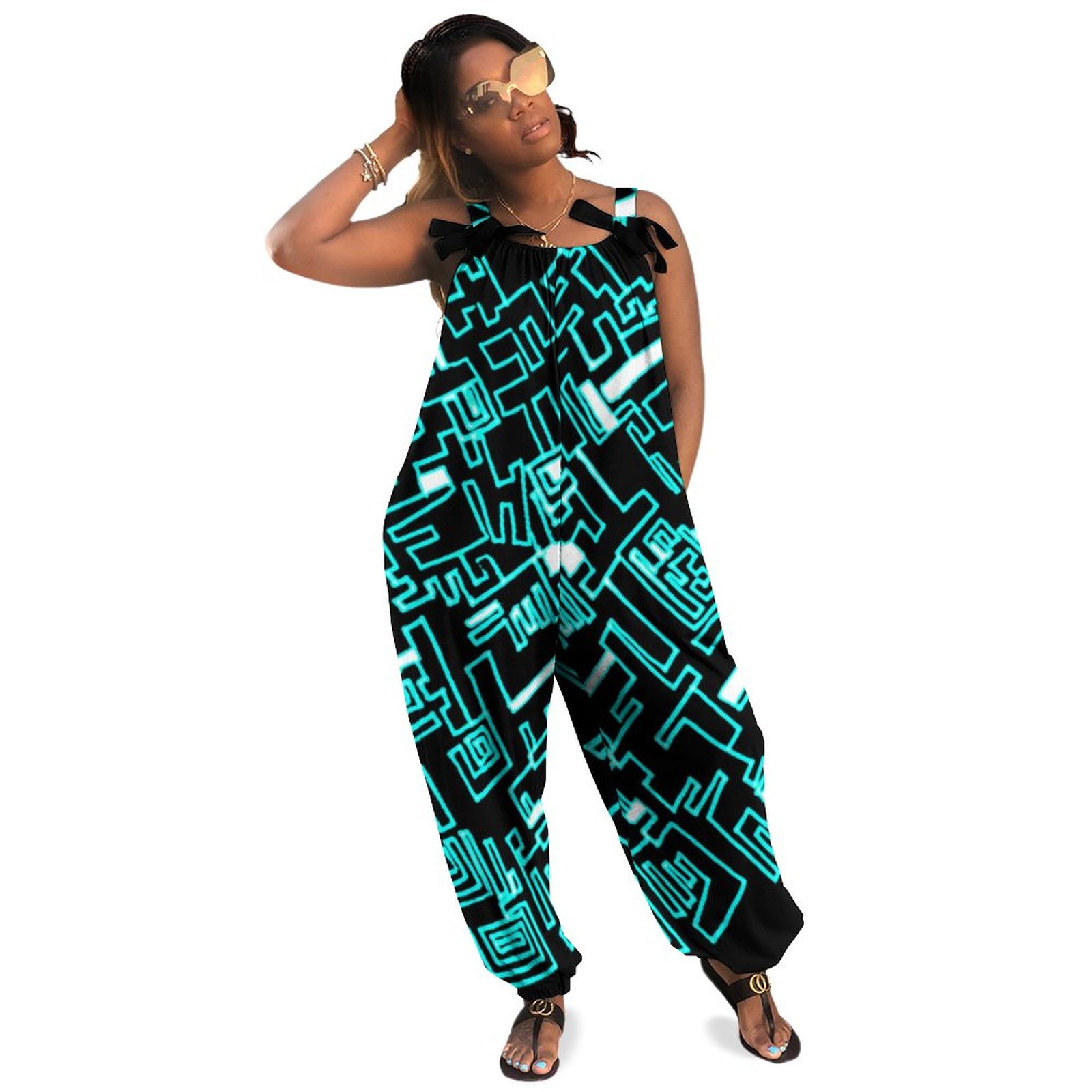 Groovy Blue Black Plus Size Women Rompers Summer Casual Loose Jumpsuit For Wedding Playsuit Dress Biker Short Boho Pockets Polyester Spandex
