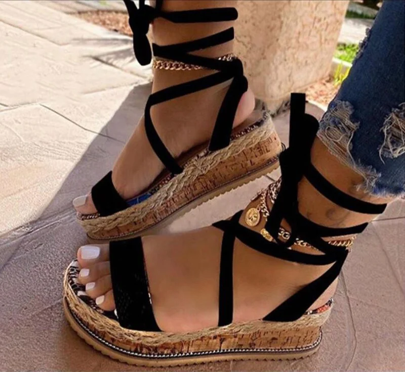 2020 New  Women Platform Sandals Fashion Snakeskin Buckle Strap Mid Heel Shoes Wedding Party Dress Female Sandals Shoes 35-43