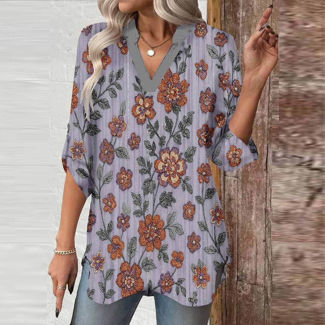 Women Floral, Purple, Orange DZGA0194 3/4 Sleeve V-neck Printed Graphic Button Tops