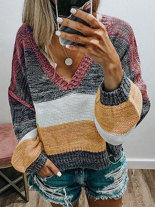 Women's Knitted Long Sleeve V-neck Sweater Top