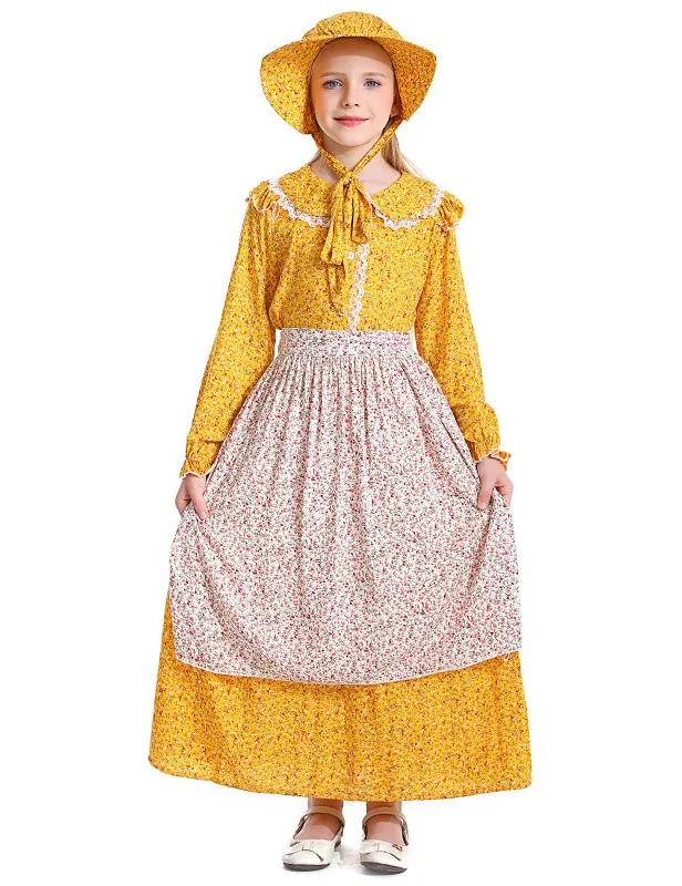 Halloween Renaissance Dress Medival Yellow Middle Sleeves Kids Costume Cosplay Novameme