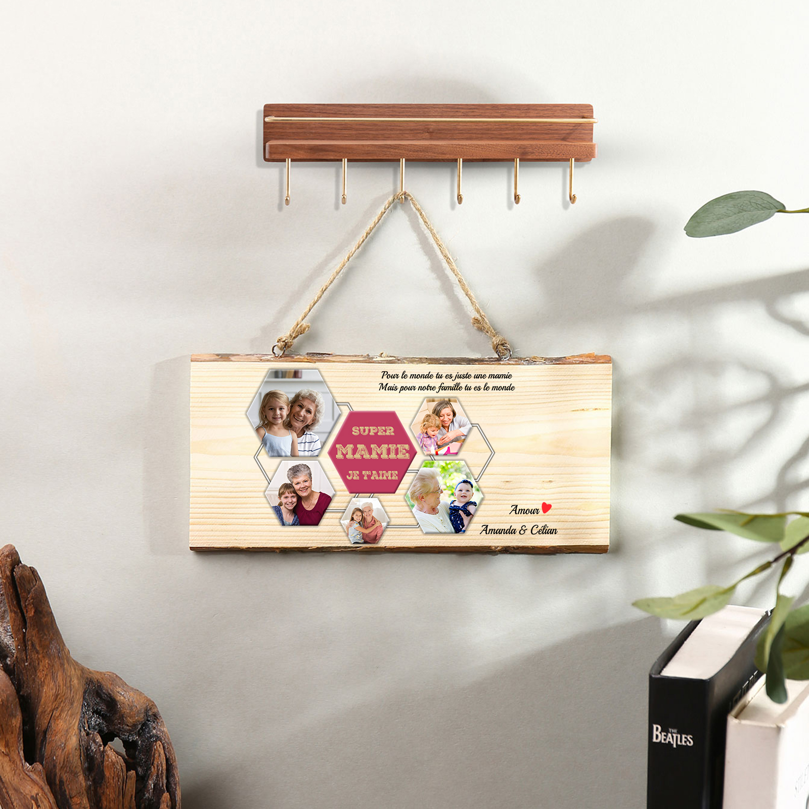 À ma Mamie - Décoration en bois 2 Prénoms et 5 Photo Personnalisés Peinture Décorative